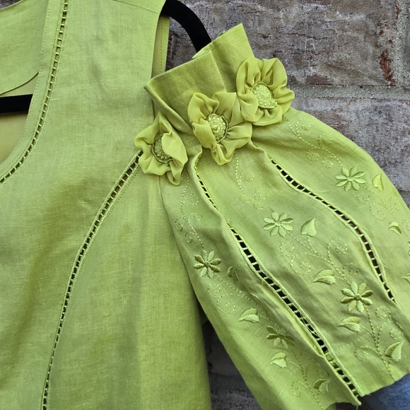JSong Collection Linen Citron Womens Shirt Embroidered Floral Cold Shoulder S 12 - Picture 12 of 13